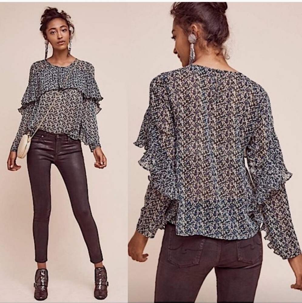 Anthropologie Sunday in Brooklyn Forget Me Not Floral Ruffle Blouse